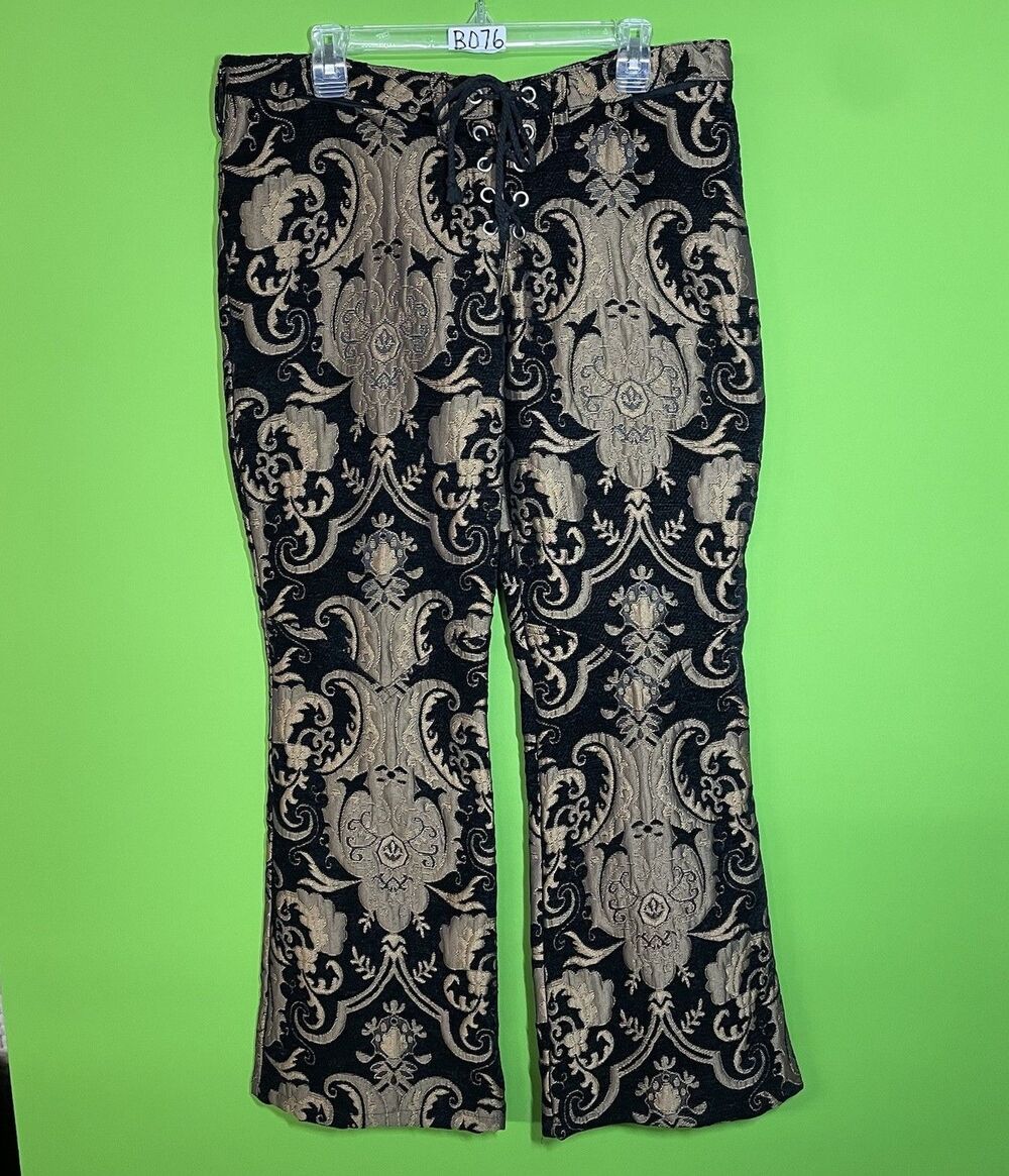 Shrine Black/Gold Damask Jacquard Lace-Up Flared Pants Stretch Large Womens